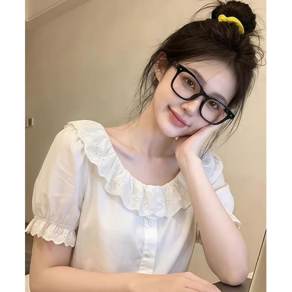 設計感白色法式方領蕾絲花邊泡泡袖短款襯衫女夏季溫柔風收腰上衣