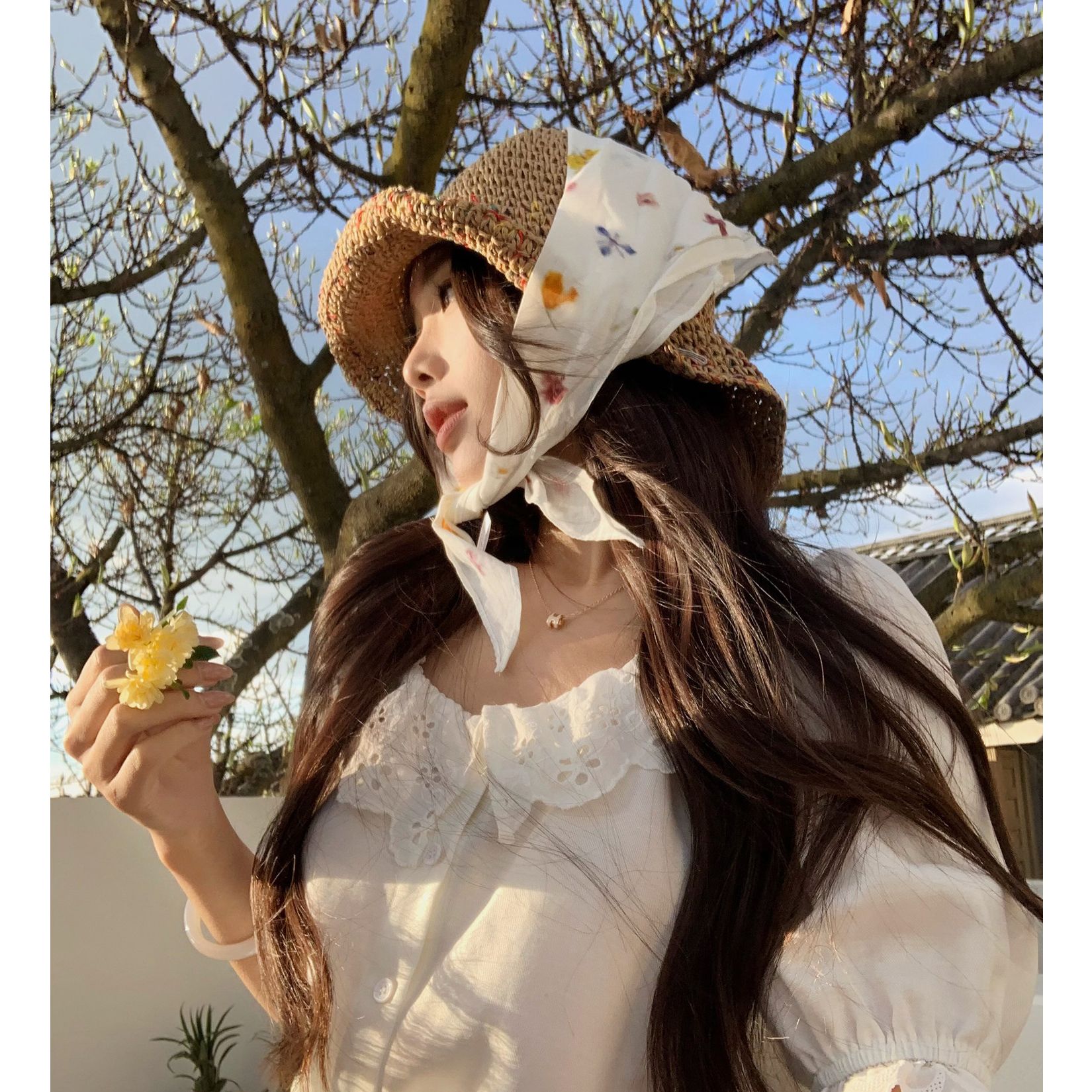 氣質白色法式方領蕾絲花邊泡泡袖短款襯衫女夏季溫柔風收腰上衣