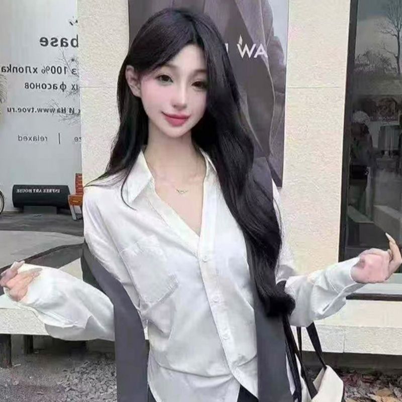 白色 V 領寬松長袖襯衫女春秋韓系學院風顯瘦百搭氣質上衣