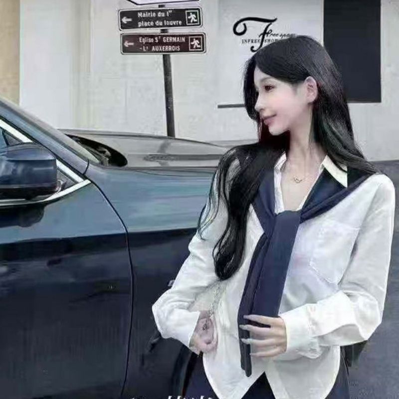 白色 V 領寬松長袖襯衫女春秋韓系學院風顯瘦百搭氣質上衣
