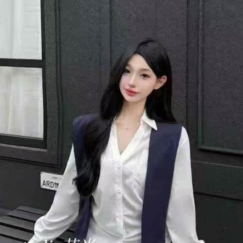 白色 V 領寬松長袖襯衫女春秋韓系學院風顯瘦百搭氣質上衣