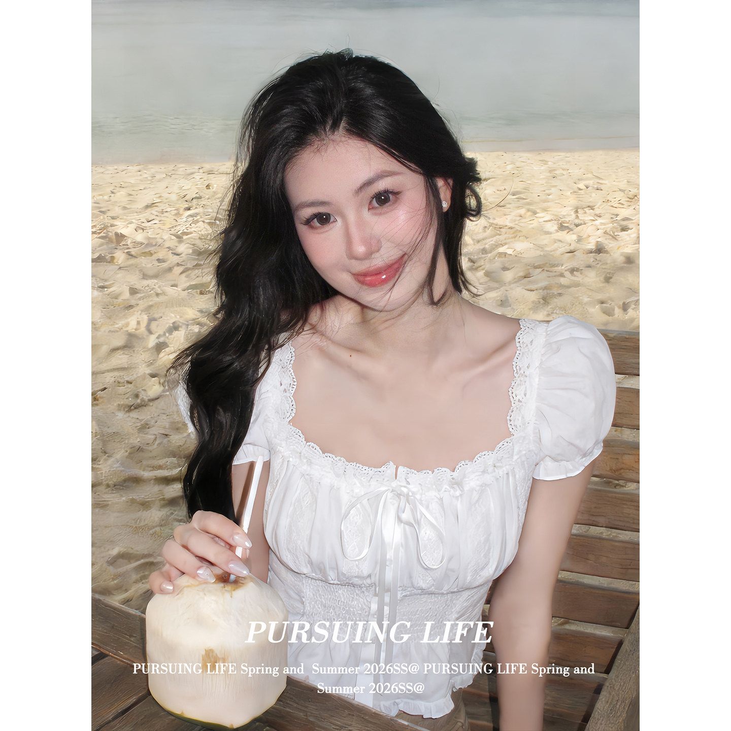 抽繩綁帶一韓系雪紡衫方領泡泡袖t恤修身純欲絕美上衣女