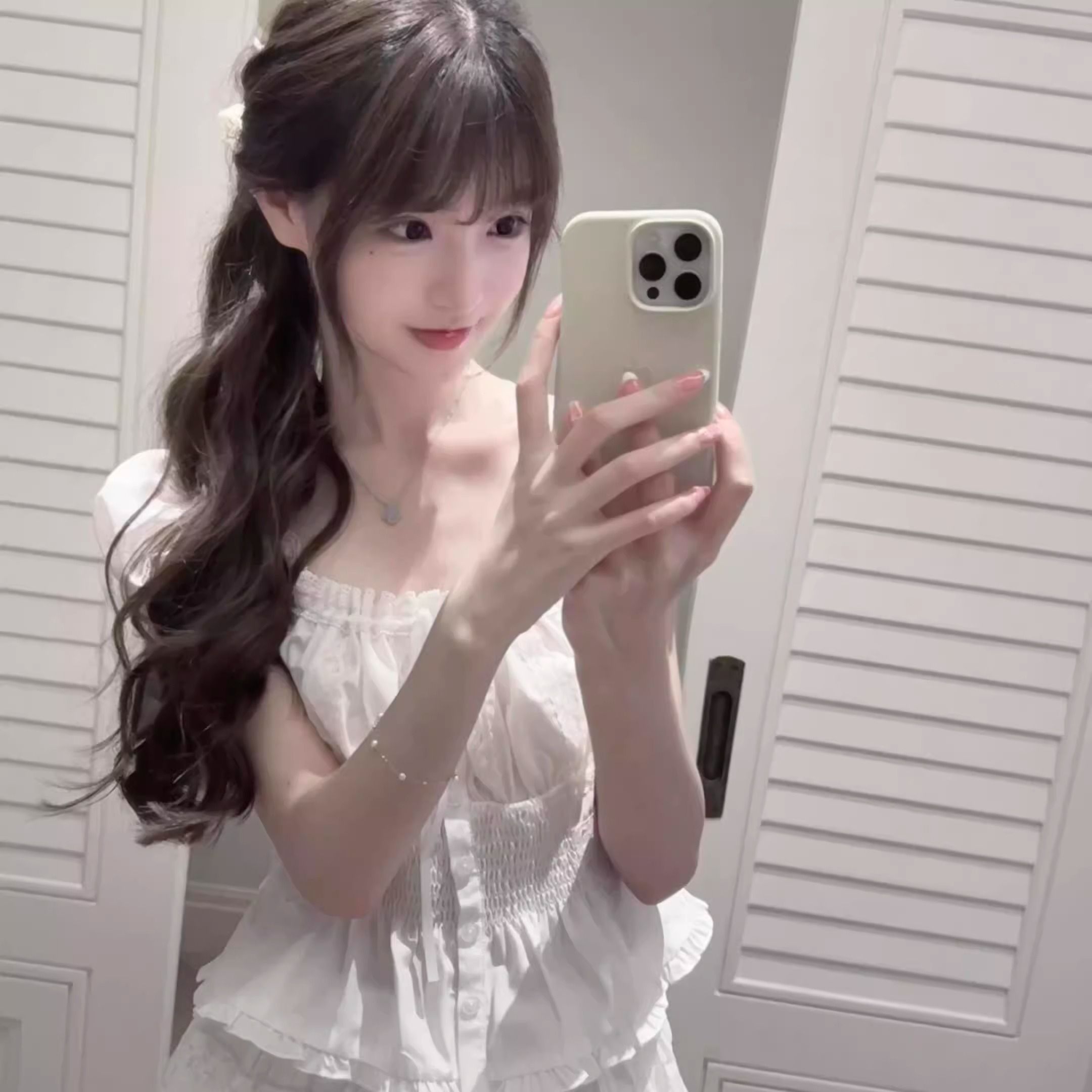 甜美風抽繩綁帶一白色泡泡袖襯衫女學院風修身顯瘦法式小上衣
