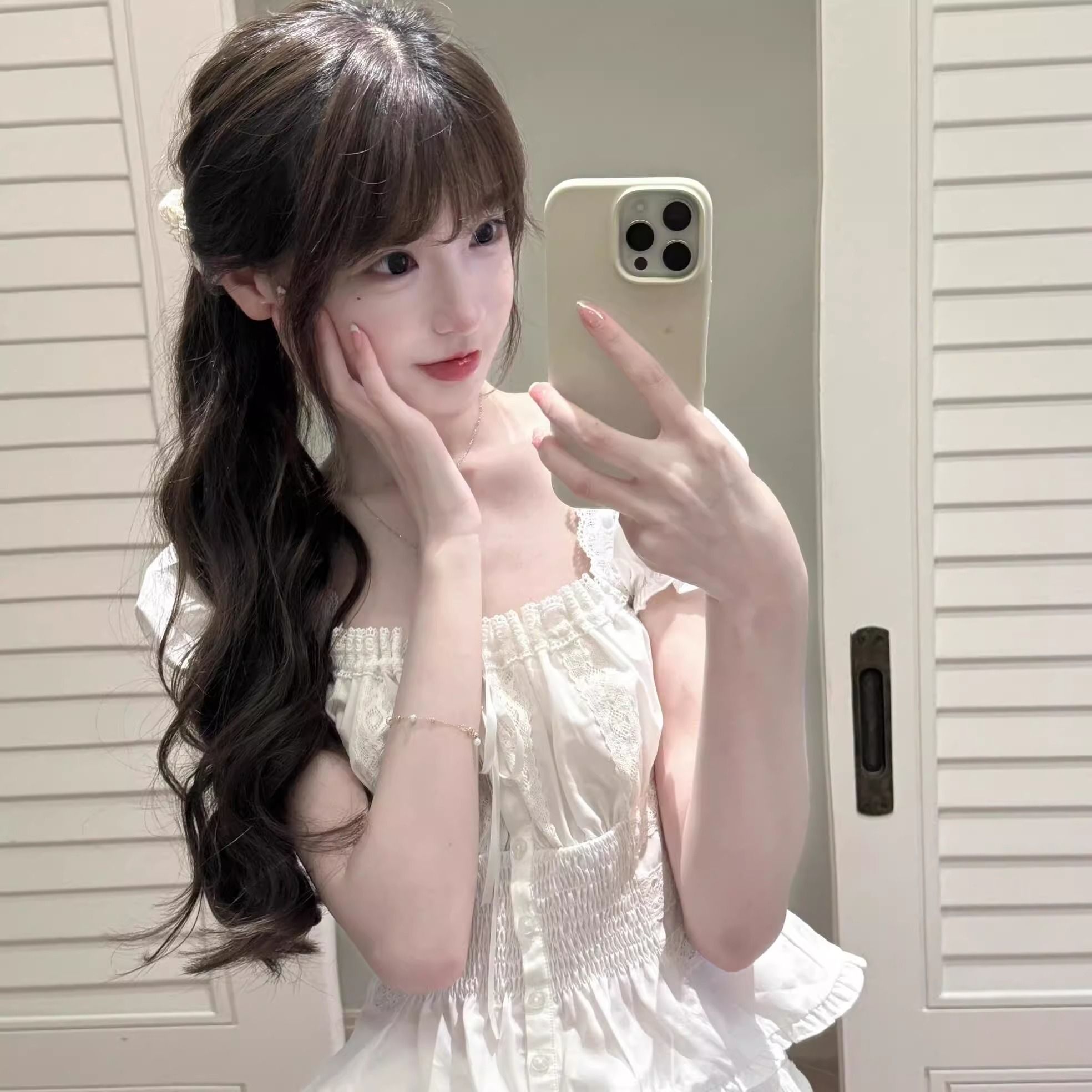 甜美風抽繩綁帶一白色泡泡袖襯衫女學院風修身顯瘦法式小上衣