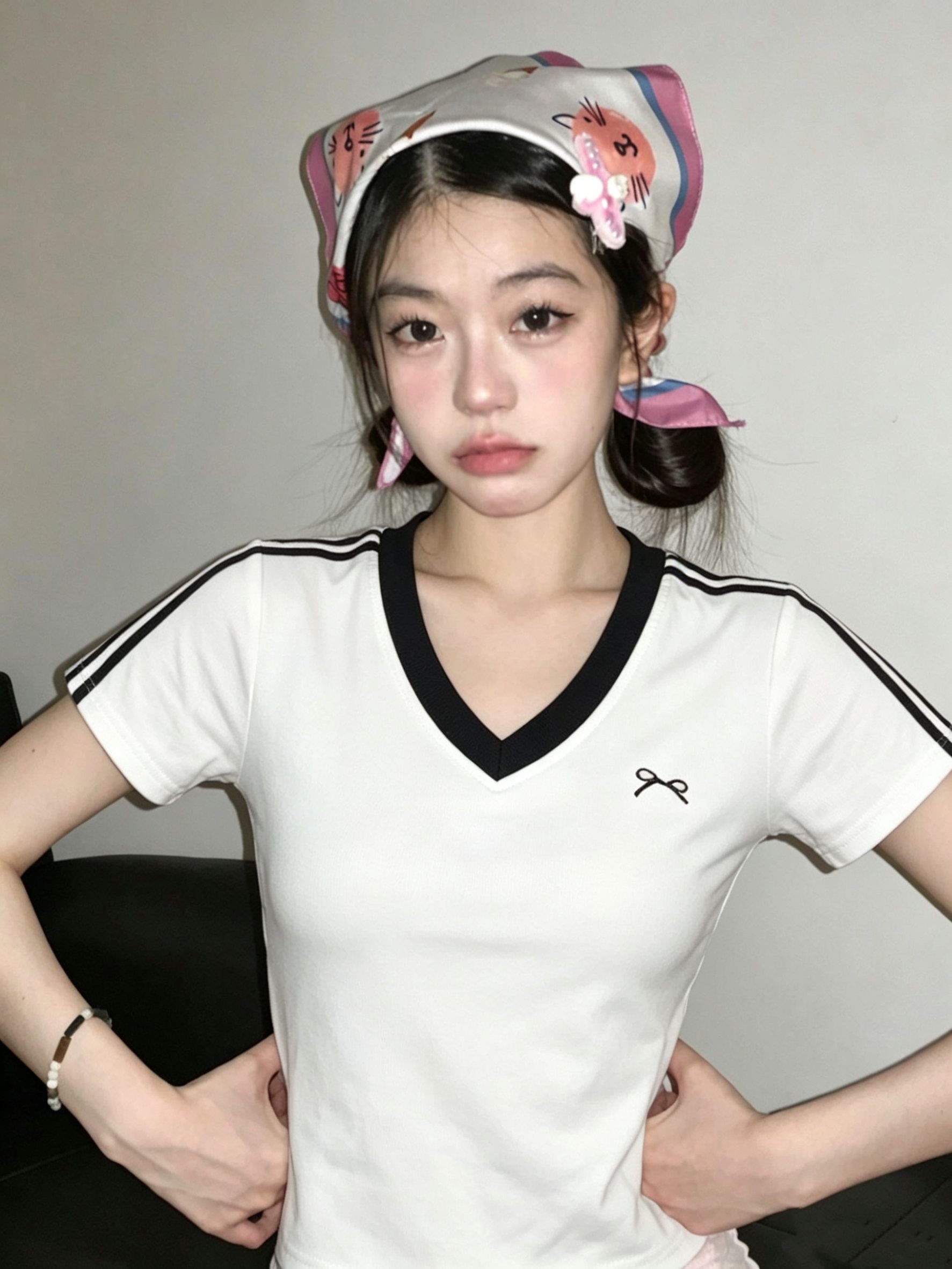 白色 V 領撞色條紋修身短袖 T 恤女夏季學院風蝴蝶結刺繡顯瘦上衣