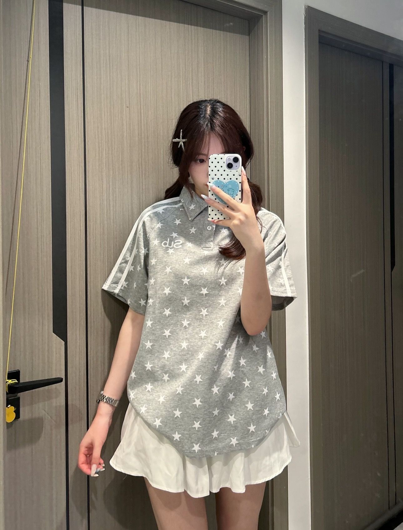 灰色星星印花寬松 Polo 衫女夏季學院風休閑百搭短袖上衣