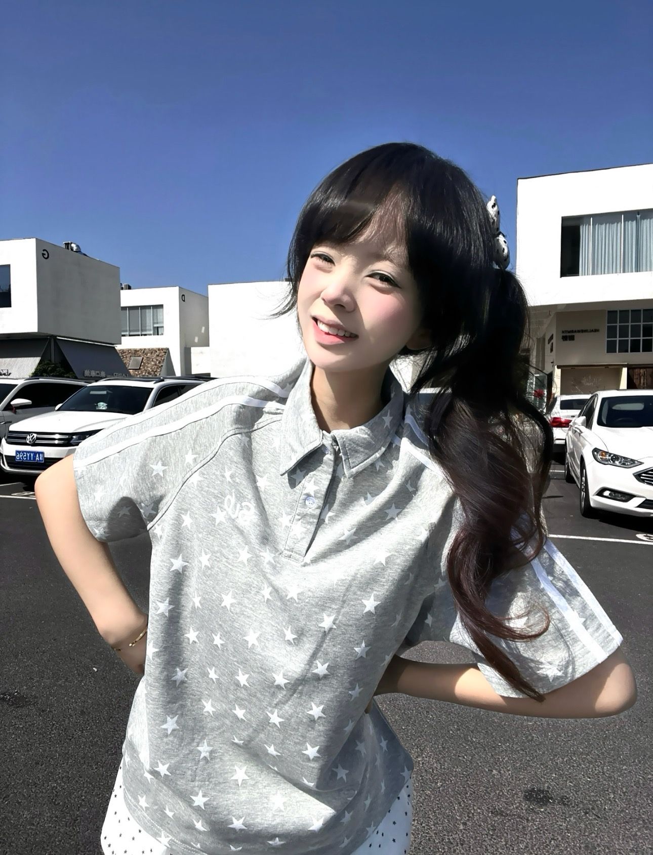 美式灰色星星印花寬松 Polo 衫女夏季學院風休閑百搭短袖上衣