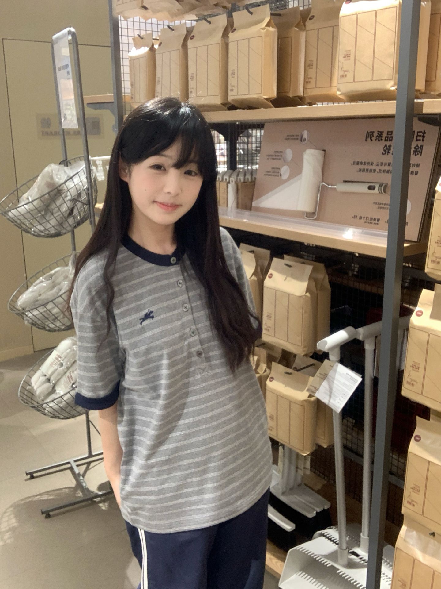 灰藍條紋亨利領短袖 T 恤女夏季日系學院風寬松休閑百搭上衣