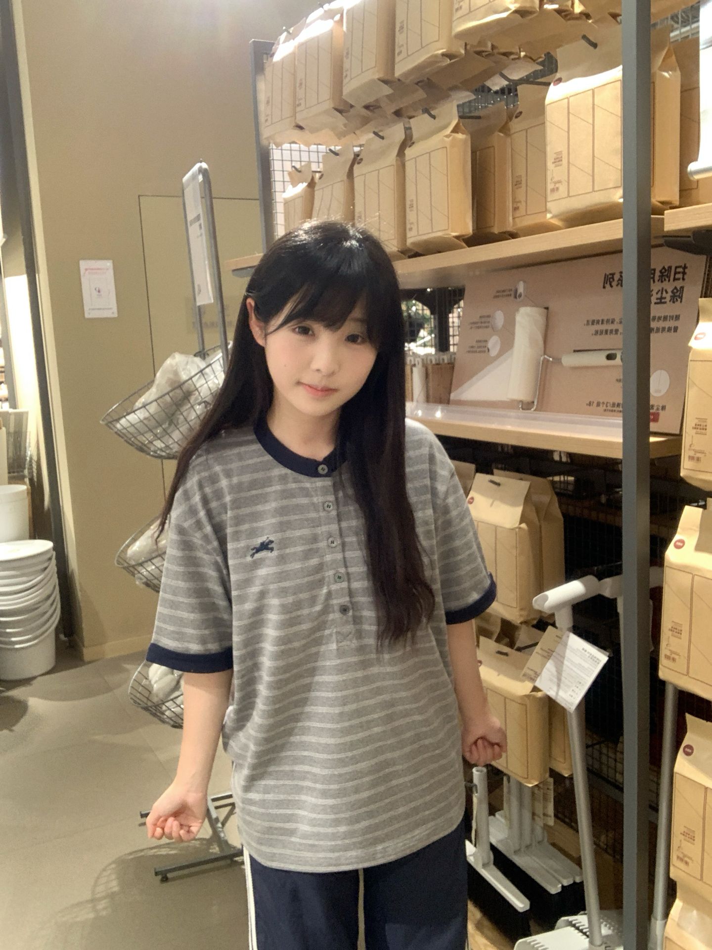 灰藍條紋亨利領短袖 T 恤女夏季日系學院風寬松休閑百搭上衣