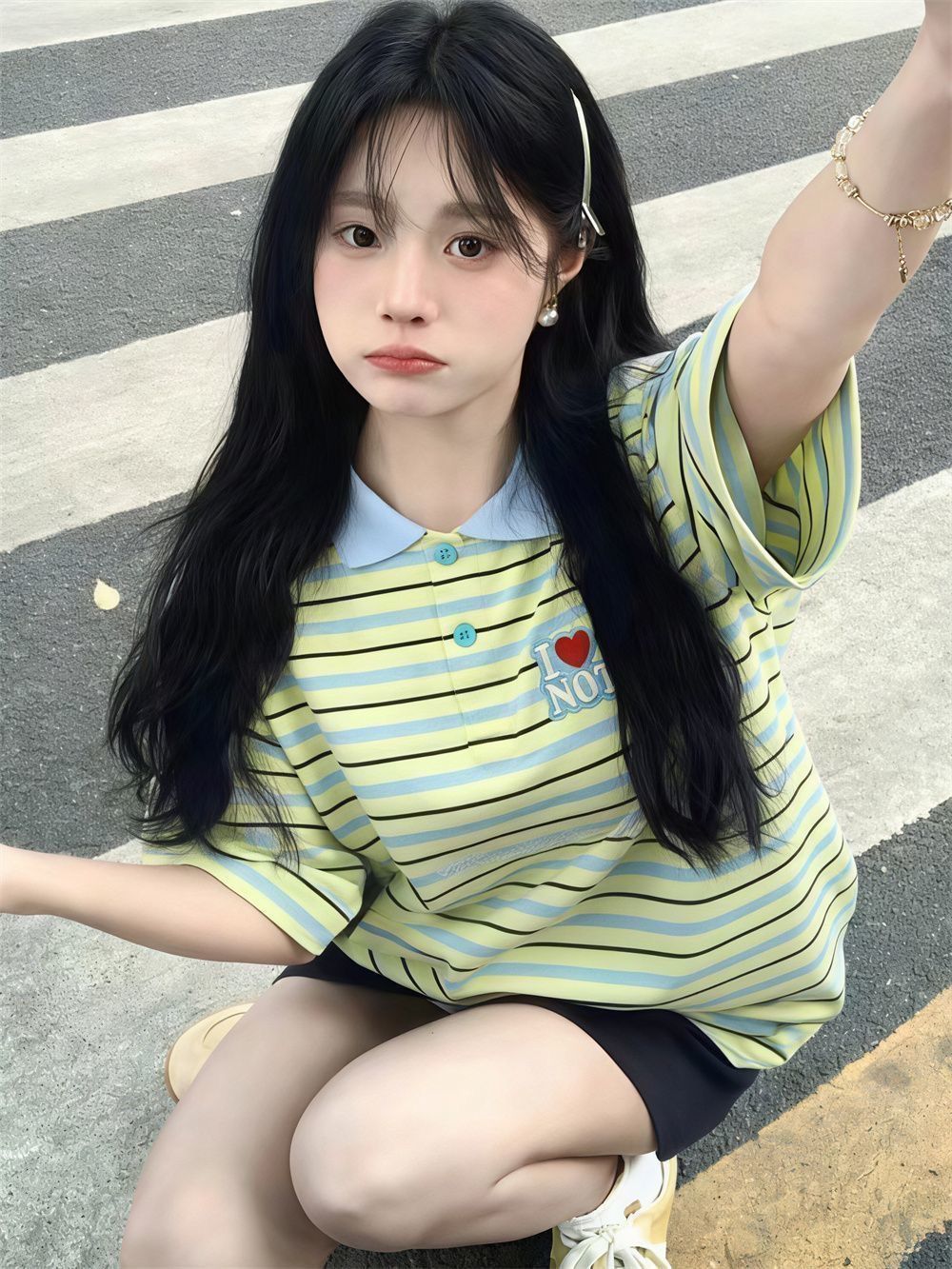 黃綠藍條紋撞色 Polo 衫女夏季學院風愛心刺繡寬松短袖上衣