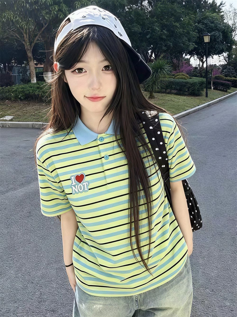 黃綠藍條紋撞色 Polo 衫女夏季學院風愛心刺繡寬松短袖上衣