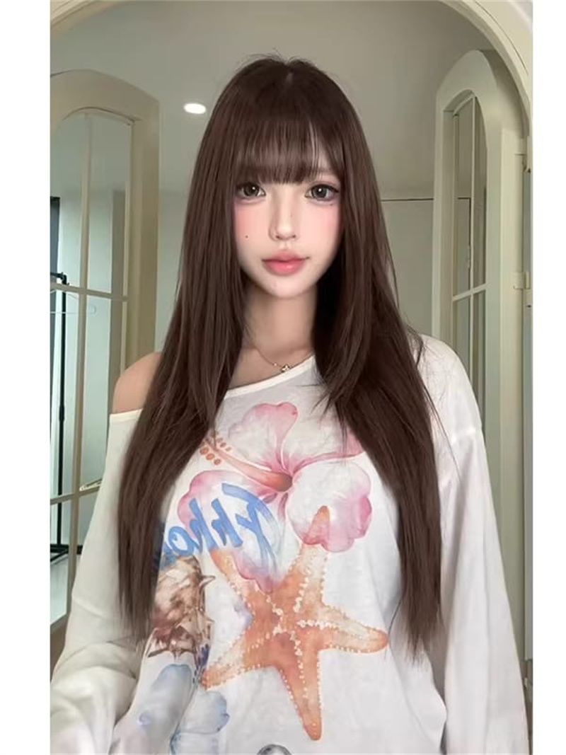 白色海洋印花露肩寬松長袖 T 恤女夏季辣妹風顯瘦百搭斜肩上衣