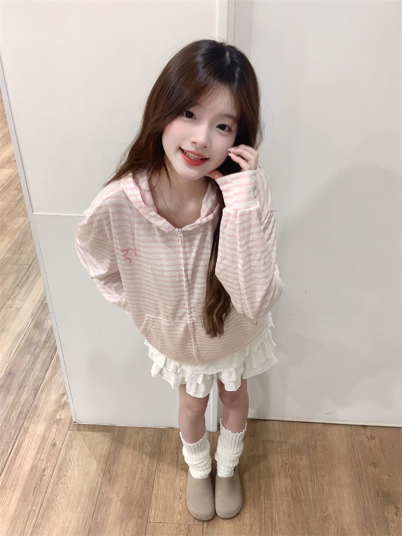 粉白條紋連帽拉鏈防曬外套女夏季甜美風寬松休閑百搭上衣