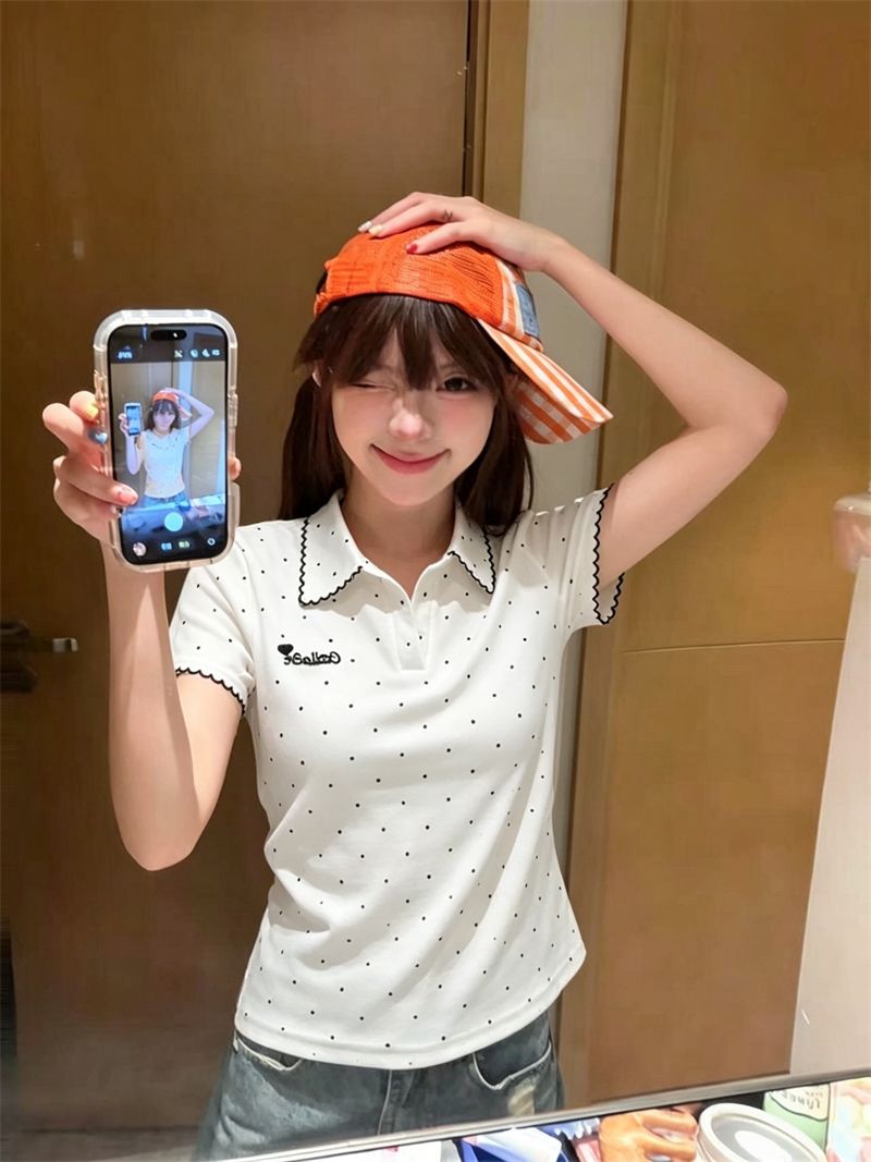 學院風白色小勾標翻領短袖 Polo 衫女夏季修身顯瘦百搭上衣