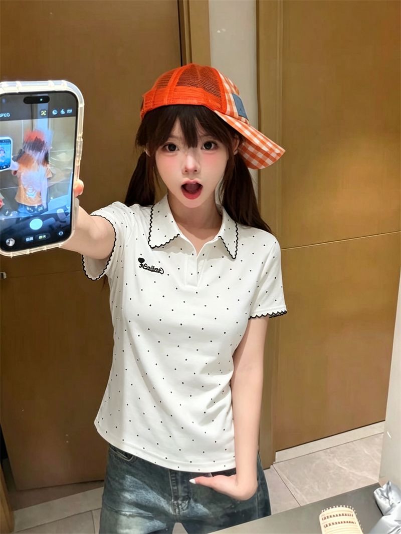 學院風白色小勾標翻領短袖 Polo 衫女夏季修身顯瘦百搭上衣