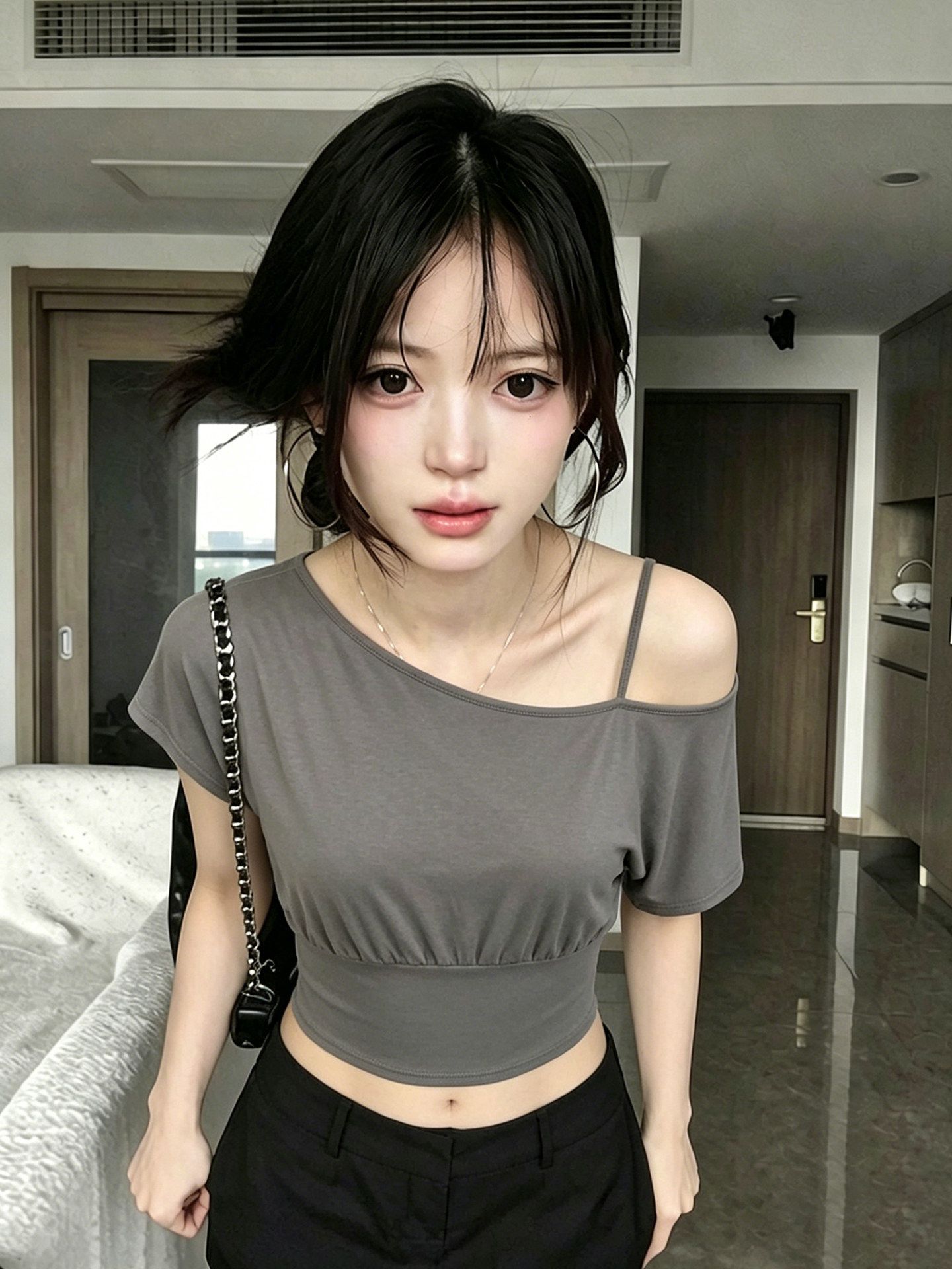 韓系斜露肩吊帶收腰短袖t恤女夏季修身顯瘦辣妹設計感上衣