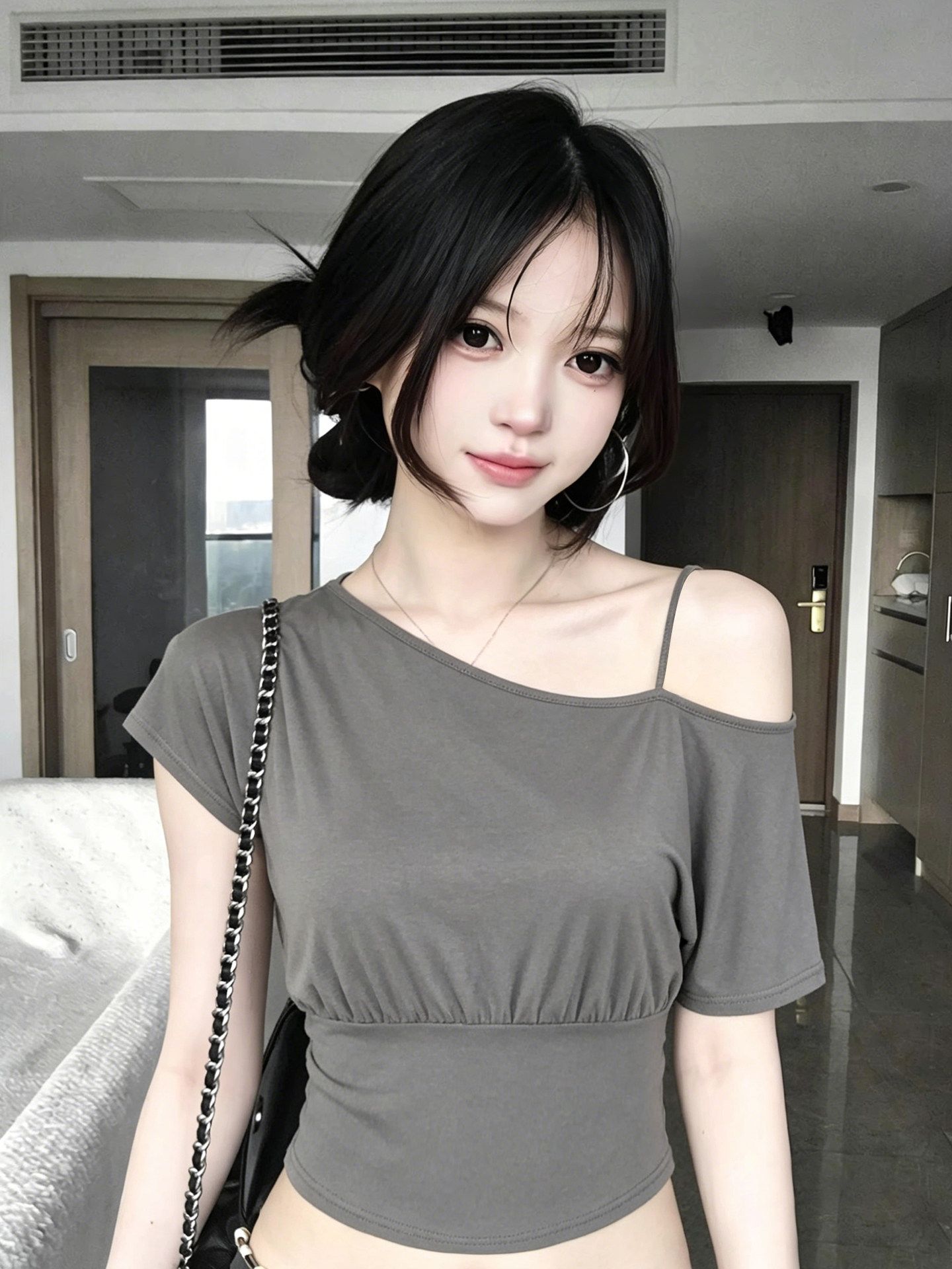 韓系斜露肩吊帶收腰短袖t恤女夏季修身顯瘦辣妹設計感上衣