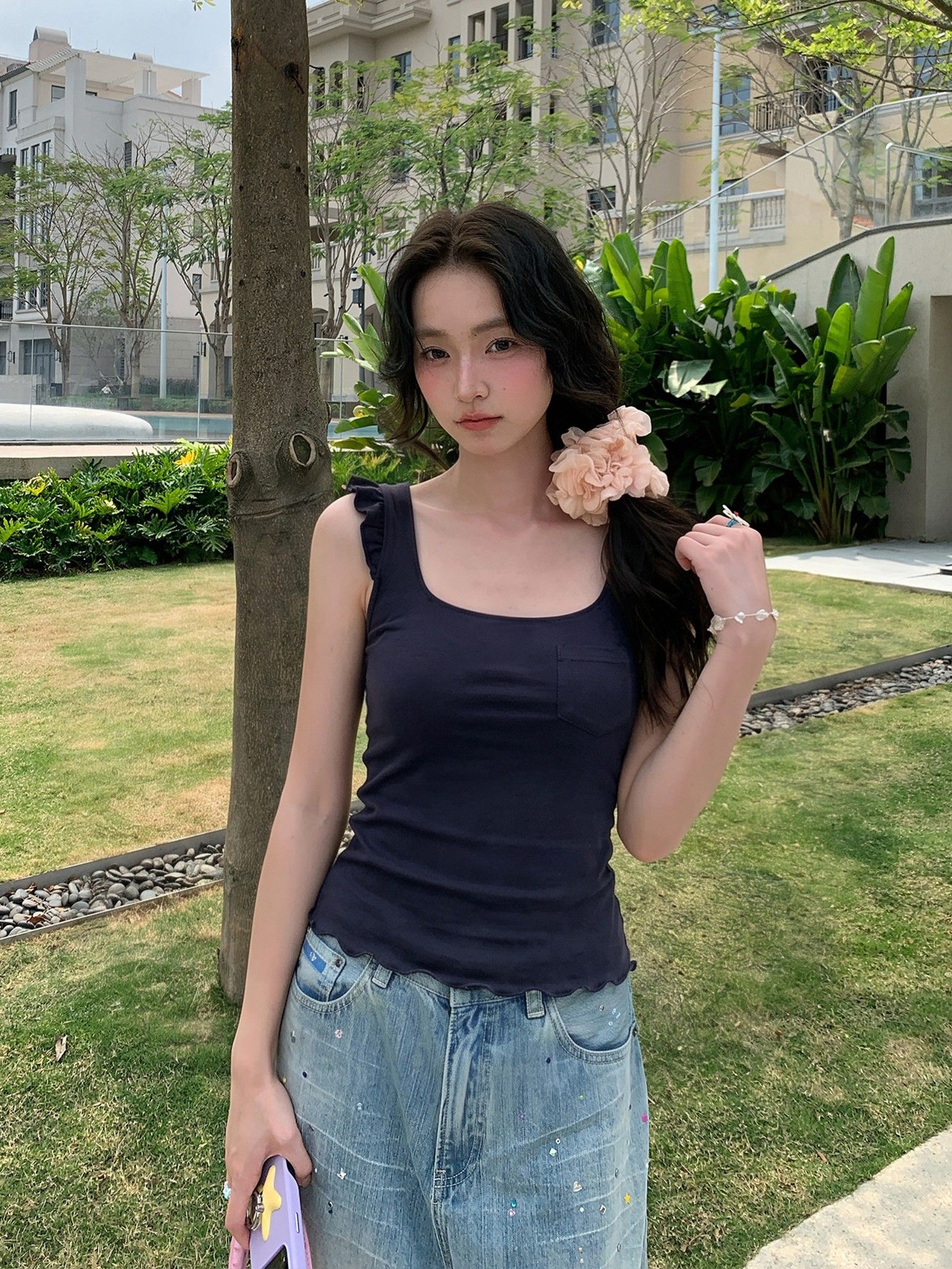 白色方領木耳邊修身吊帶背心女夏季無袖外穿短款小個子上衣