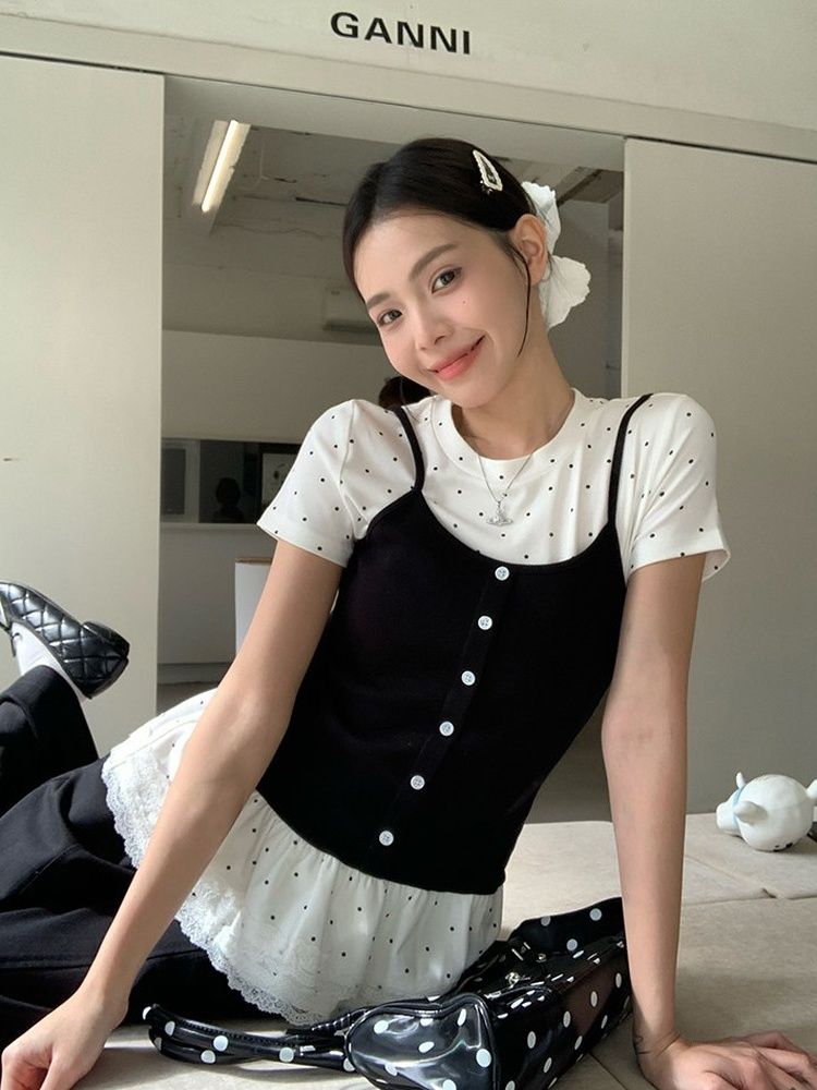 假兩件正肩短袖t恤女夏芭蕾風修身顯瘦百搭絕美波點上衣