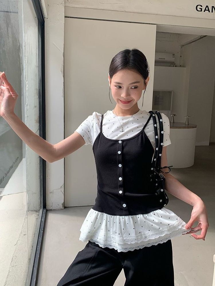 假兩件正肩短袖t恤女夏芭蕾風修身顯瘦百搭絕美波點上衣