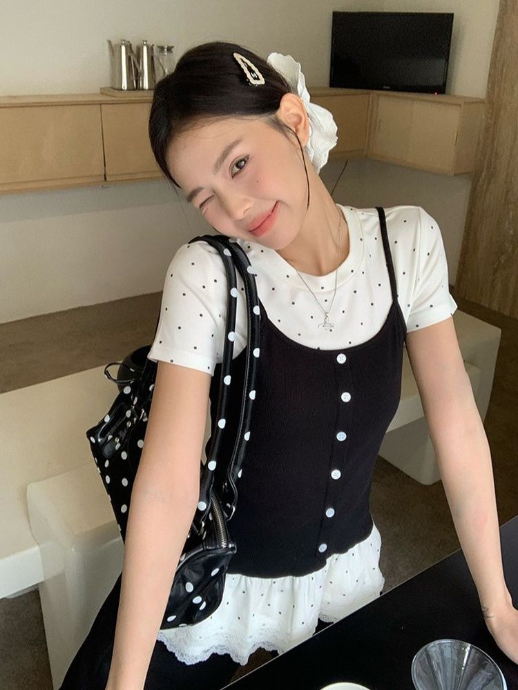 假兩件正肩短袖t恤女夏芭蕾風修身顯瘦百搭絕美波點上衣