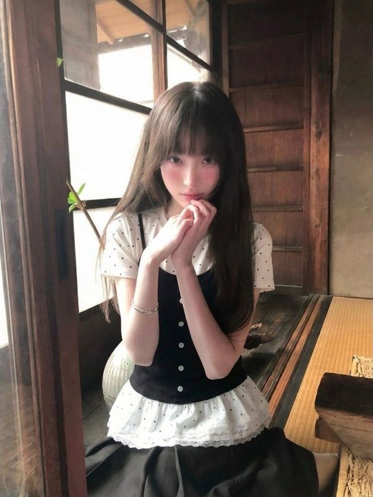 撞色波點蕾絲拼接短袖T恤女夏季韓系穿搭甜美減齡小上衣