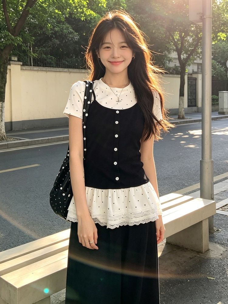 韓系假兩件正肩短袖t恤女夏芭蕾風修身顯瘦絕美波點上衣
