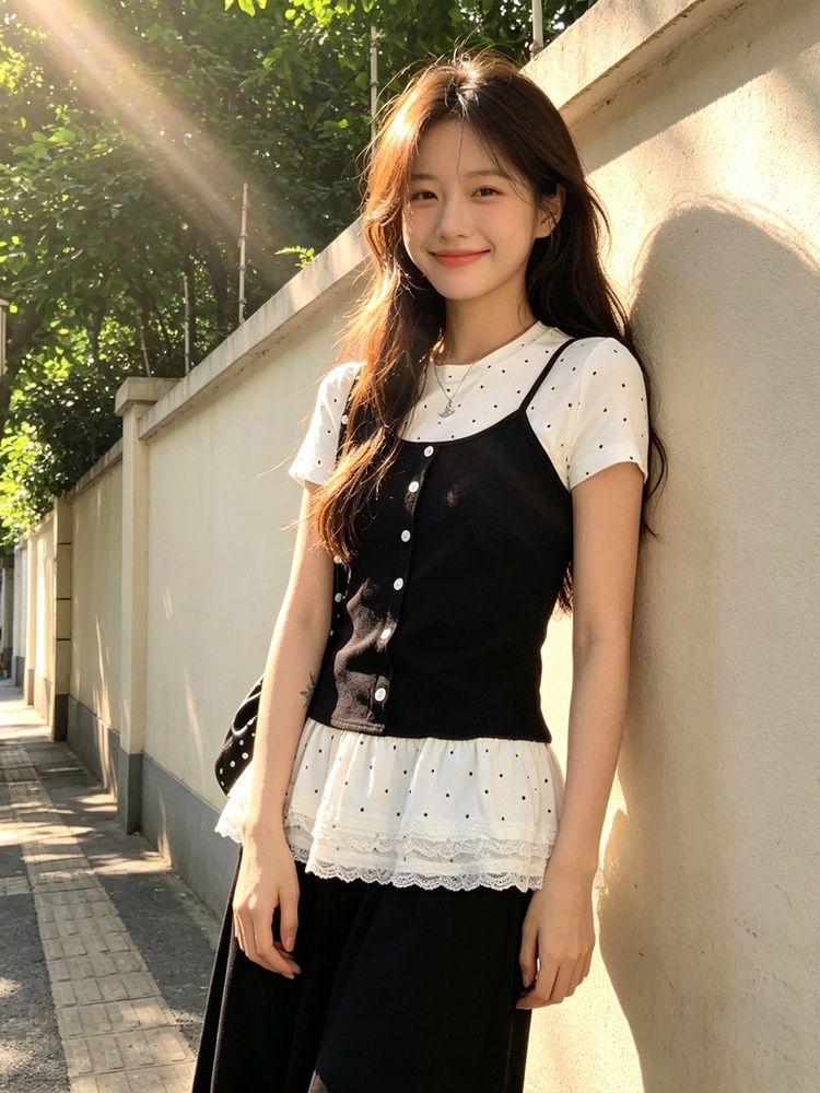 韓系假兩件正肩短袖t恤女夏芭蕾風修身顯瘦絕美波點上衣