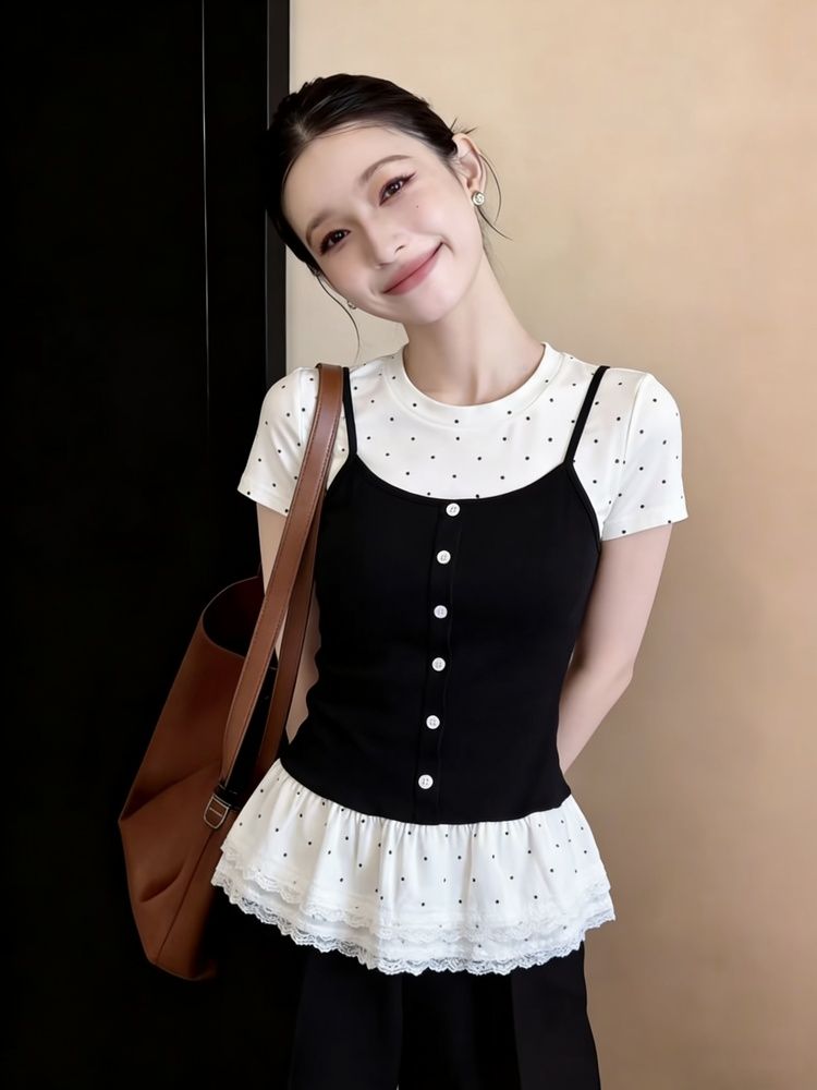 芭蕾風假兩件正肩短袖t恤女夏季設計感顯瘦百搭波點上衣