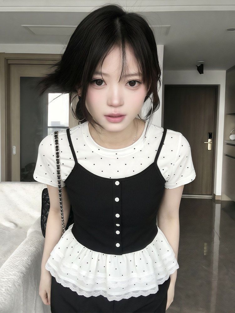 韓系甜美假兩件短袖t恤女裝夏季芭蕾風顯瘦氣質波點上衣