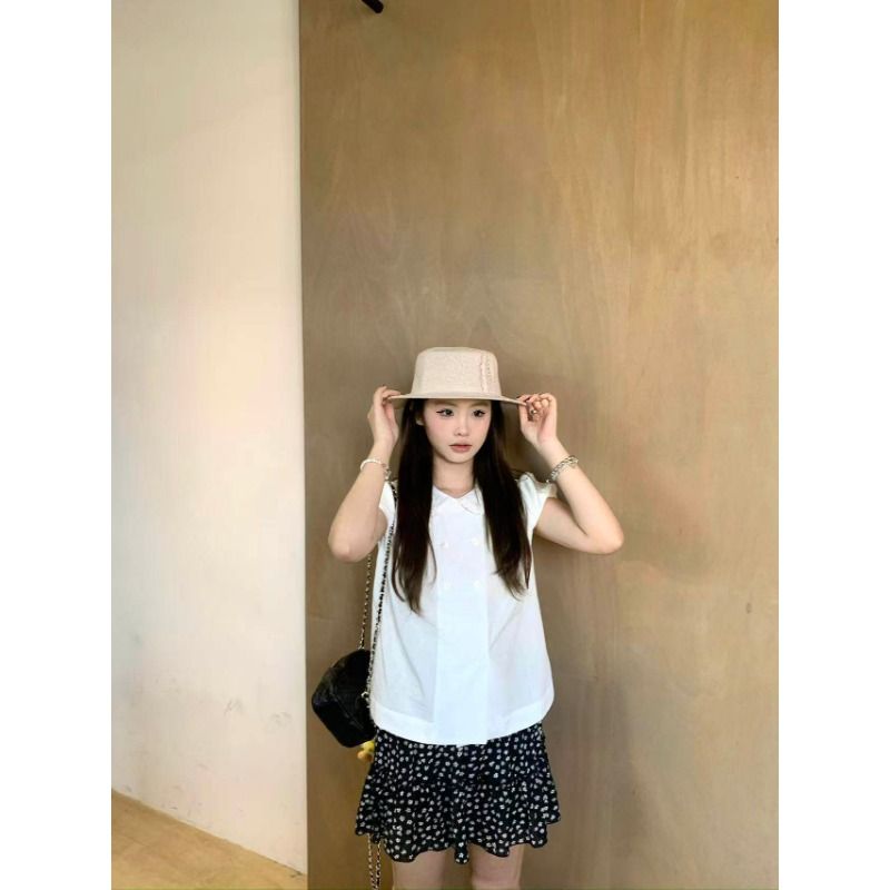 黑色娃娃領泡泡袖雙排扣襯衫女夏季法式學院風寬松顯瘦百搭上衣