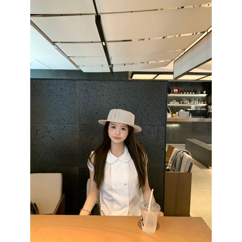 黑色娃娃領泡泡袖雙排扣襯衫女夏季法式學院風寬松顯瘦百搭上衣