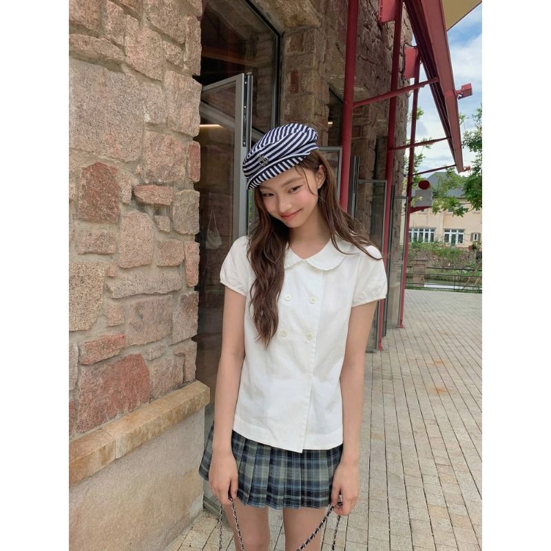 學院風黑色娃娃領泡泡袖雙排扣襯衫女夏季法式寬松顯瘦百搭上衣
