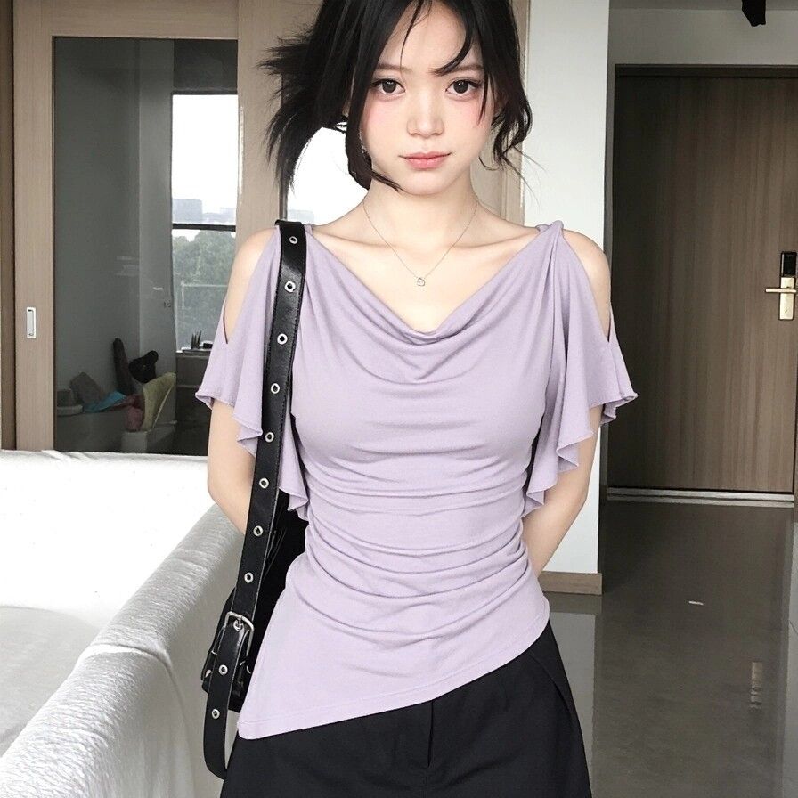 綠色露肩收腰不規則下擺短袖上衣女夏季氣質顯瘦純欲風百搭 T 恤