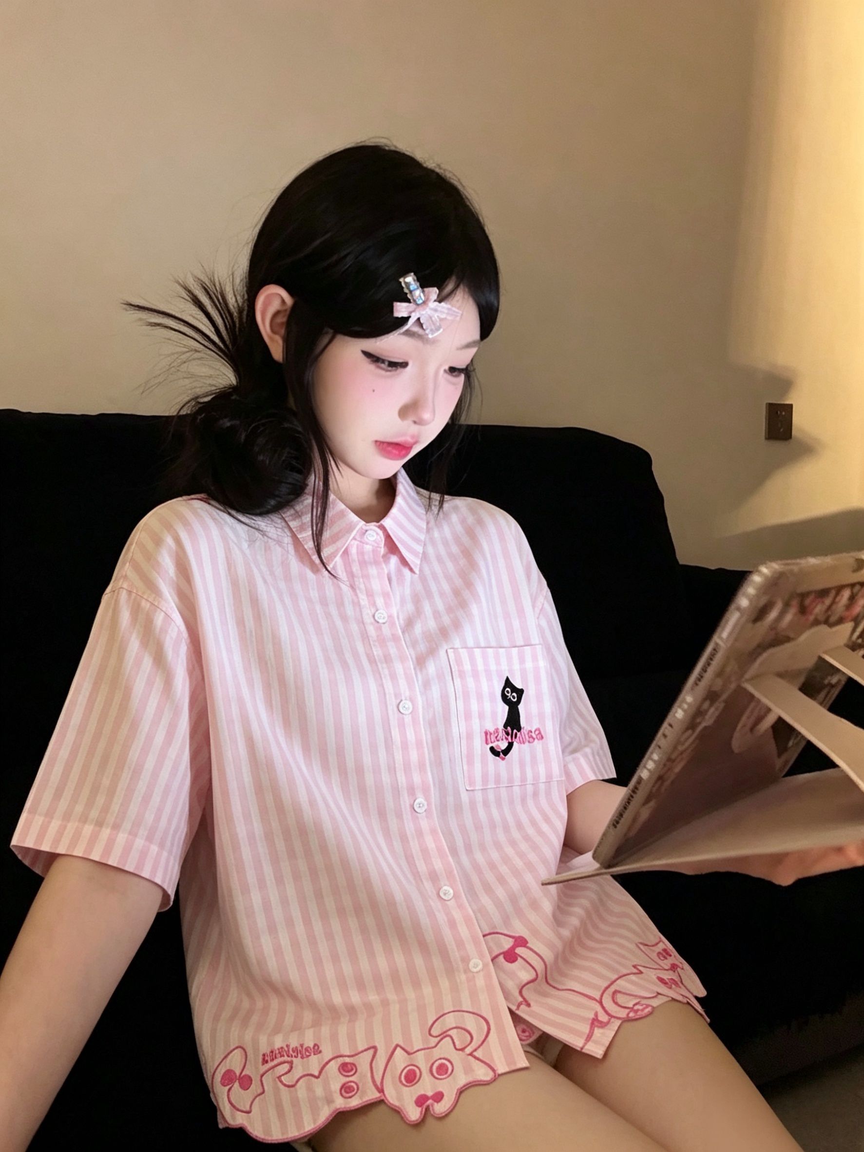 粉白條紋貓咪刺繡短袖襯衫女夏季甜美風寬松休閑百搭上衣