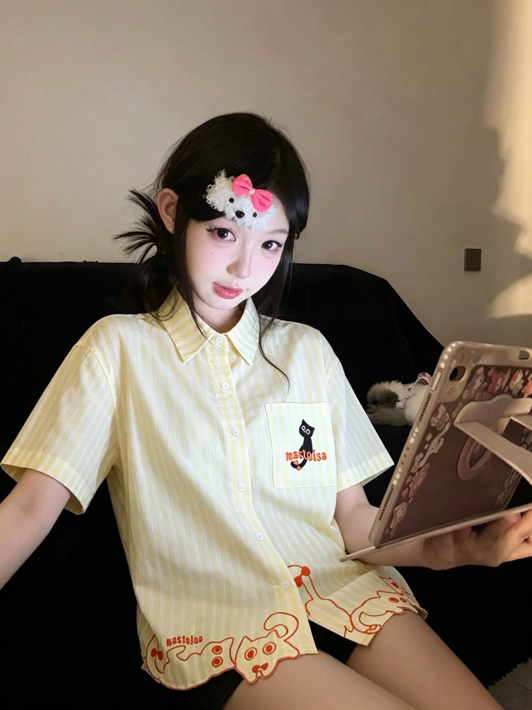 粉白條紋貓咪刺繡短袖襯衫女夏季甜美風寬松休閑百搭上衣