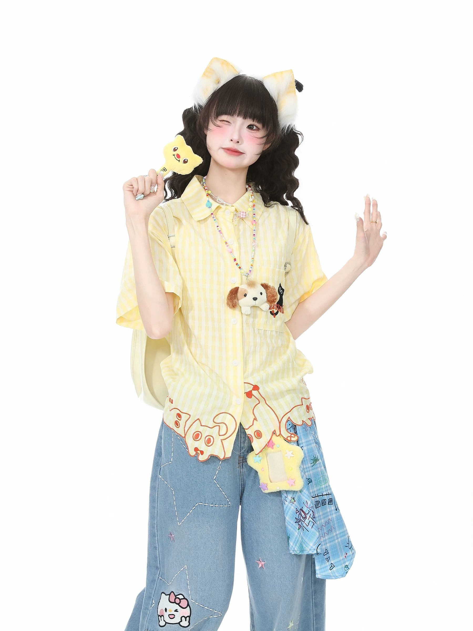 少女風粉白條紋貓咪刺繡短袖襯衫女夏季甜美風寬松休閑百搭上衣