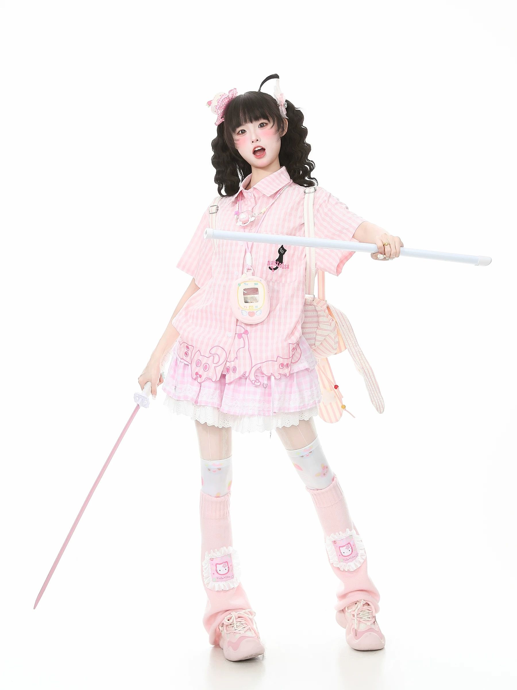 少女風粉白條紋貓咪刺繡短袖襯衫女夏季甜美風寬松休閑百搭上衣