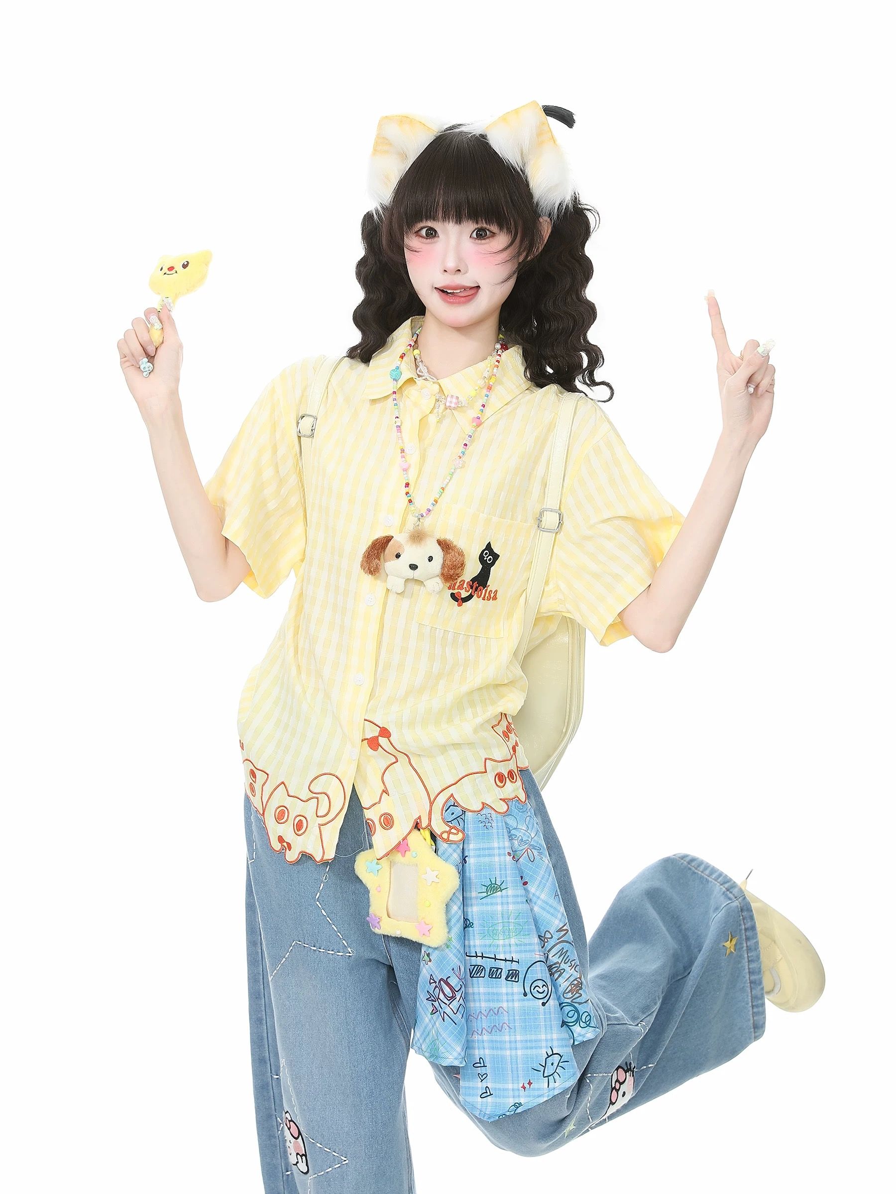 少女風粉白條紋貓咪刺繡短袖襯衫女夏季甜美風寬松休閑百搭上衣