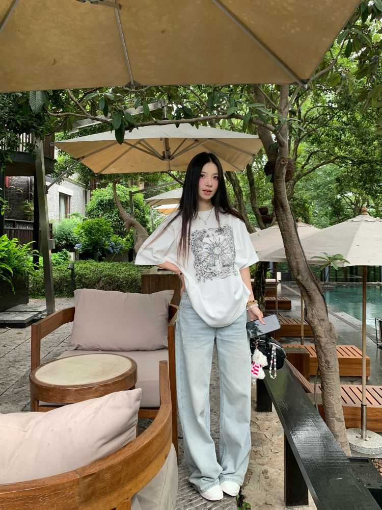 美式燙鉆白色燙鉆短袖t恤女設計感復古圓領印花寬松上衣
