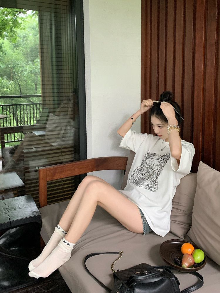 美式燙鉆白色燙鉆短袖t恤女設計感復古圓領印花寬松上衣