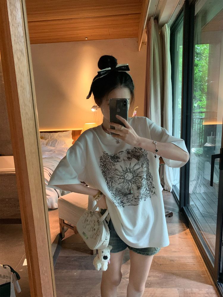 美式燙鉆白色燙鉆短袖t恤女設計感復古圓領印花寬松上衣