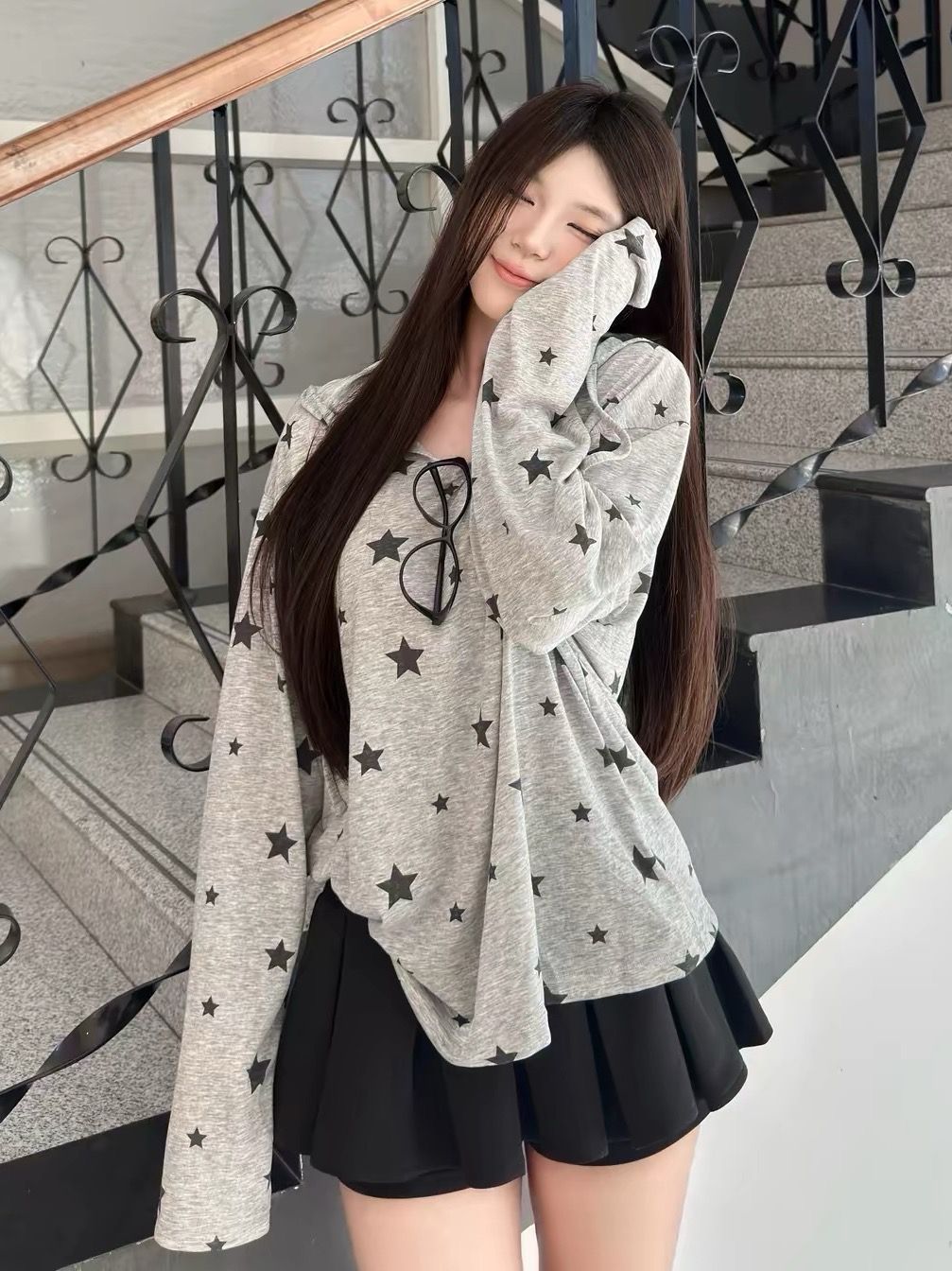 灰色星星印花連帽長袖防曬衫女夏季韓系休閑風寬松顯瘦百搭上衣