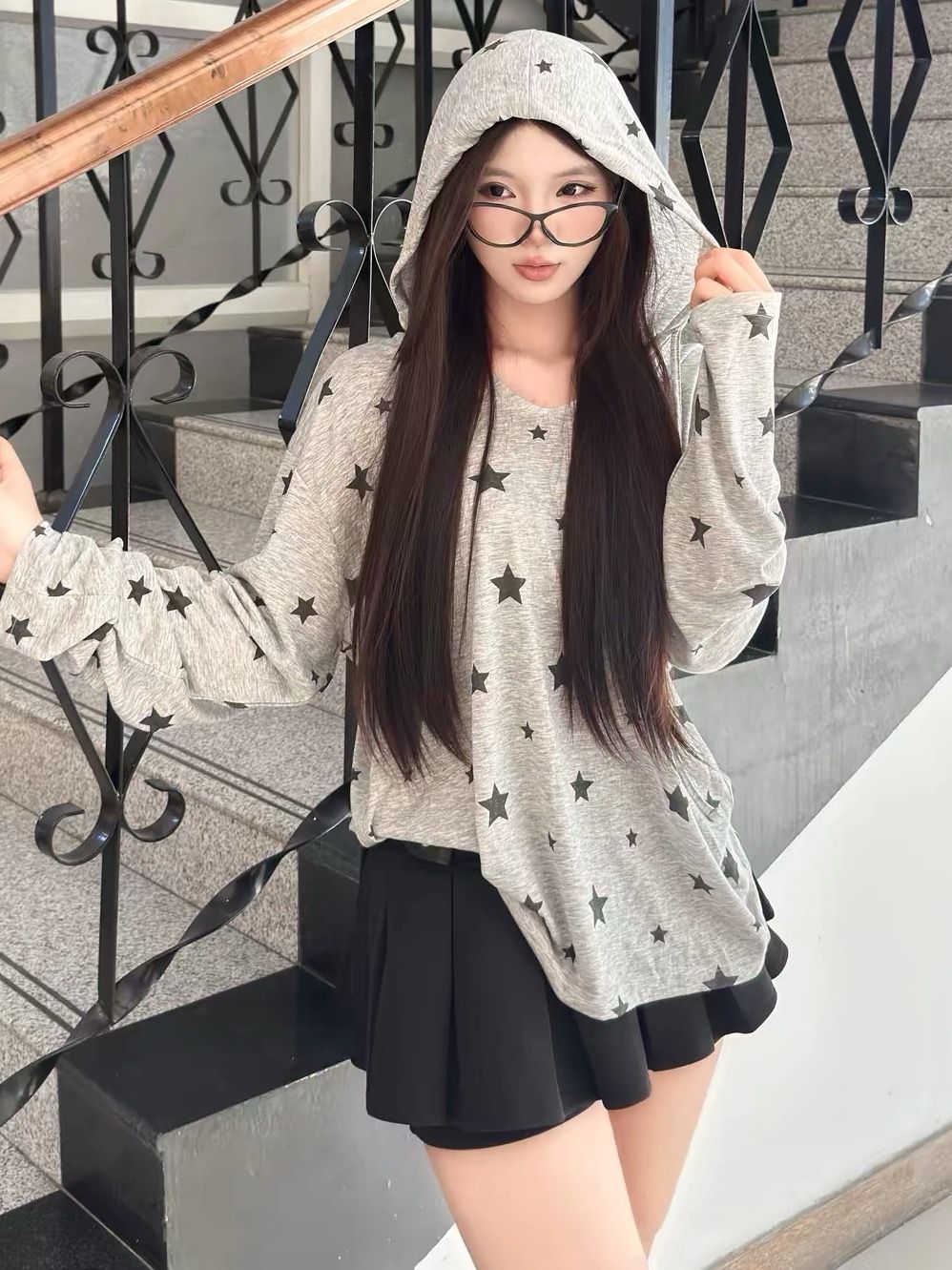 灰色星星印花連帽長袖防曬衫女夏季韓系休閑風寬松顯瘦百搭上衣