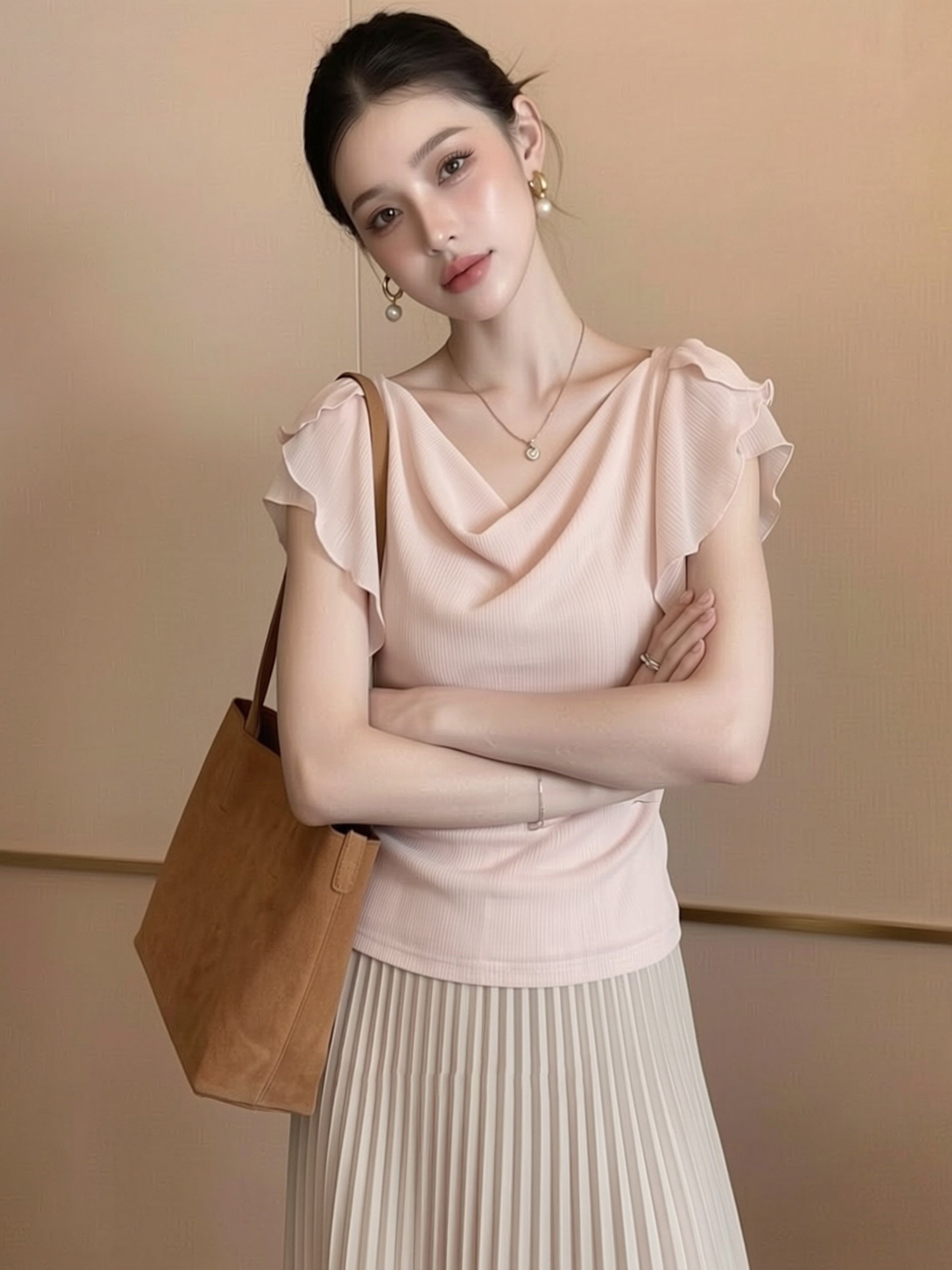甜美溫柔淺粉色荷葉邊掐腰短袖蕩領T恤女夏季設計感上衣