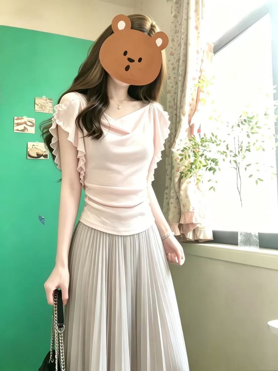 韓系溫柔淺粉色荷葉邊掐腰短袖蕩領T恤女夏季設計感上衣