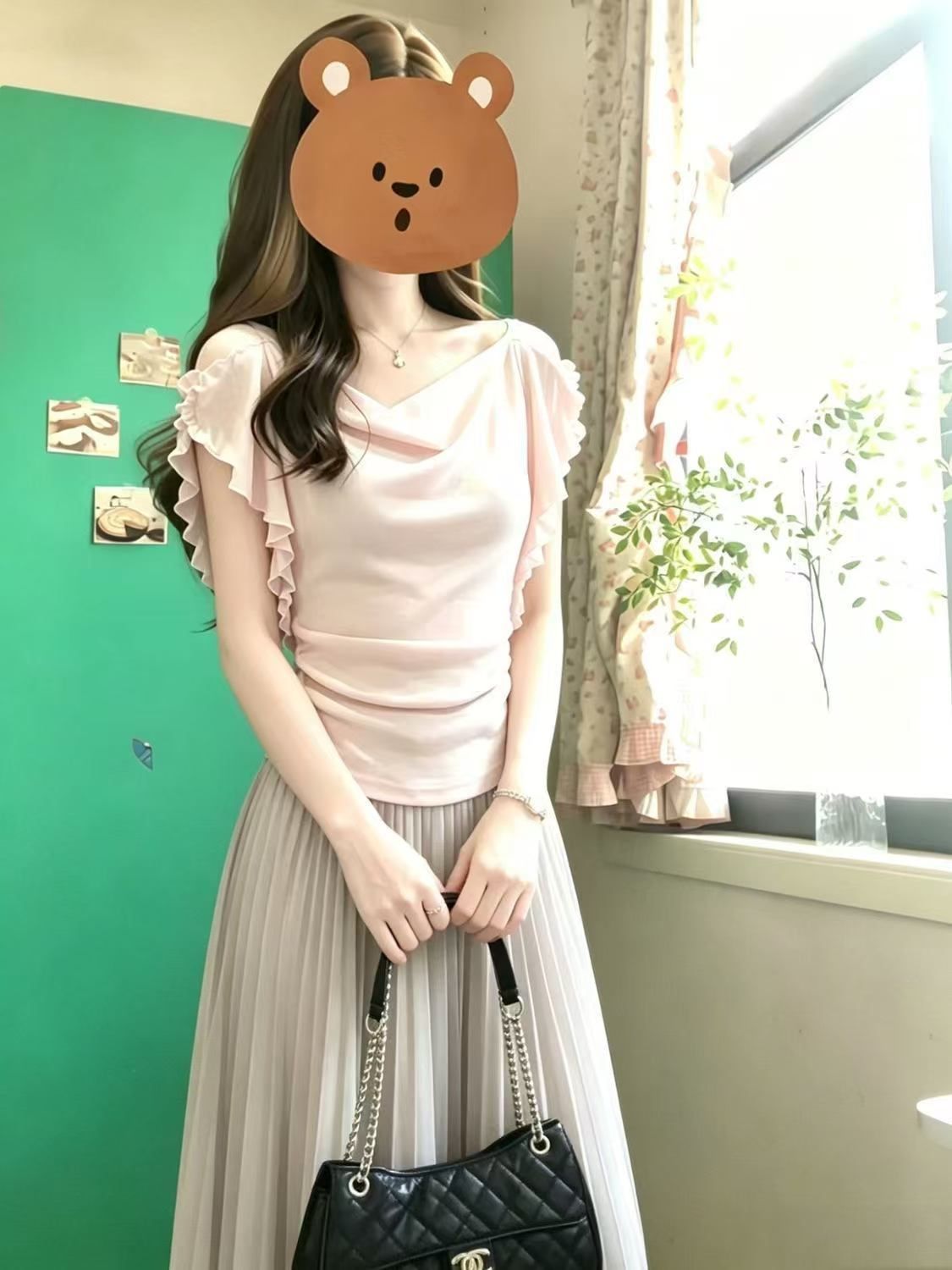 韓系溫柔淺粉色荷葉邊掐腰短袖蕩領T恤女夏季設計感上衣