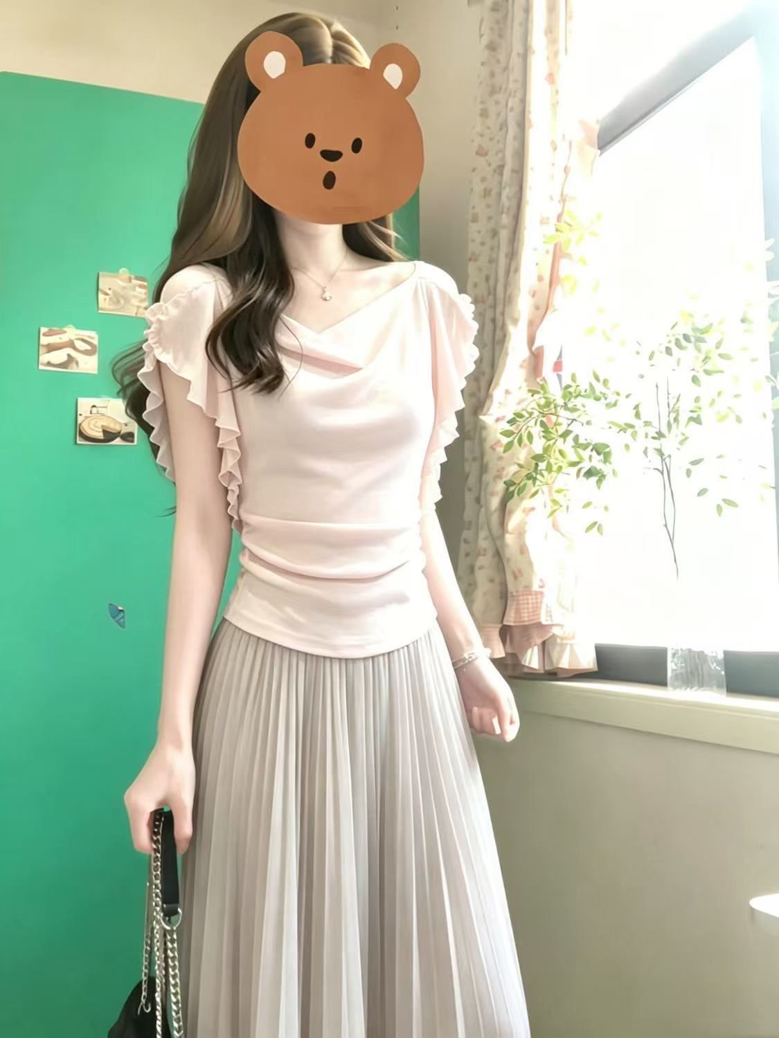 韓系溫柔淺粉色荷葉邊掐腰短袖蕩領T恤女夏季設計感上衣