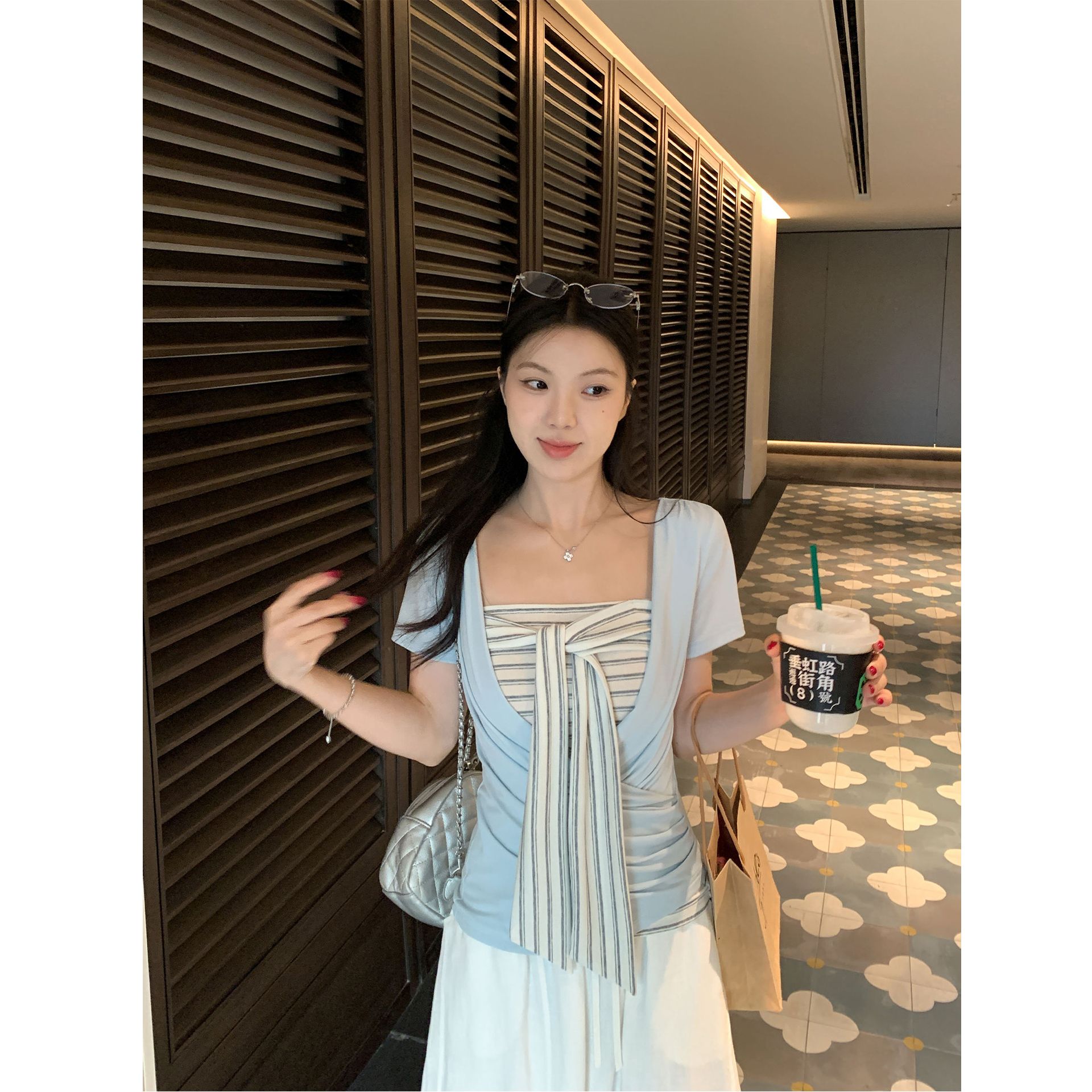 辣妹疊穿兩件套女韓系交叉V領T恤條紋系帶抹胸背心套裝