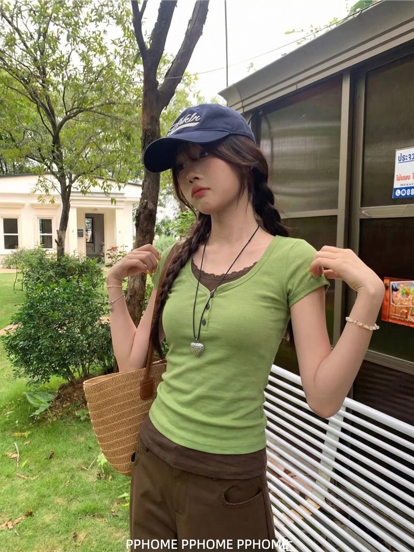 法式羅紋假兩件花邊綠色圓領短袖t恤女修身百搭顯瘦上衣